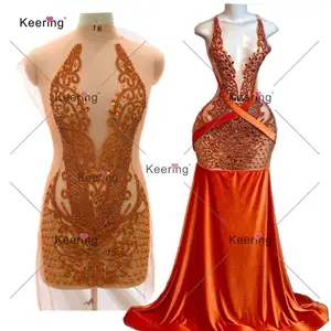 Vestido com design concurso, vestido champanhe laranja com apliques, loja de strass WDP-395