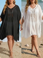 Robe de plage grande taille pour femme, en crochet ajouré, col en V, avec pompons, ample et respirante, 100 % polyester, pour maillot de bain bikini