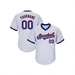 Maillot de baseball personnalisé pour homme, blanc et bleu à rayures fines, col en V, manches courtes, respirant, en polyester, vêtements de sport, taille adulte - Product Image 1