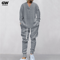 Ensemble deux pièces décontracté en coton tricoté pour homme grande taille, chemise à manches longues col en V respirante unie confortable pour l'automne