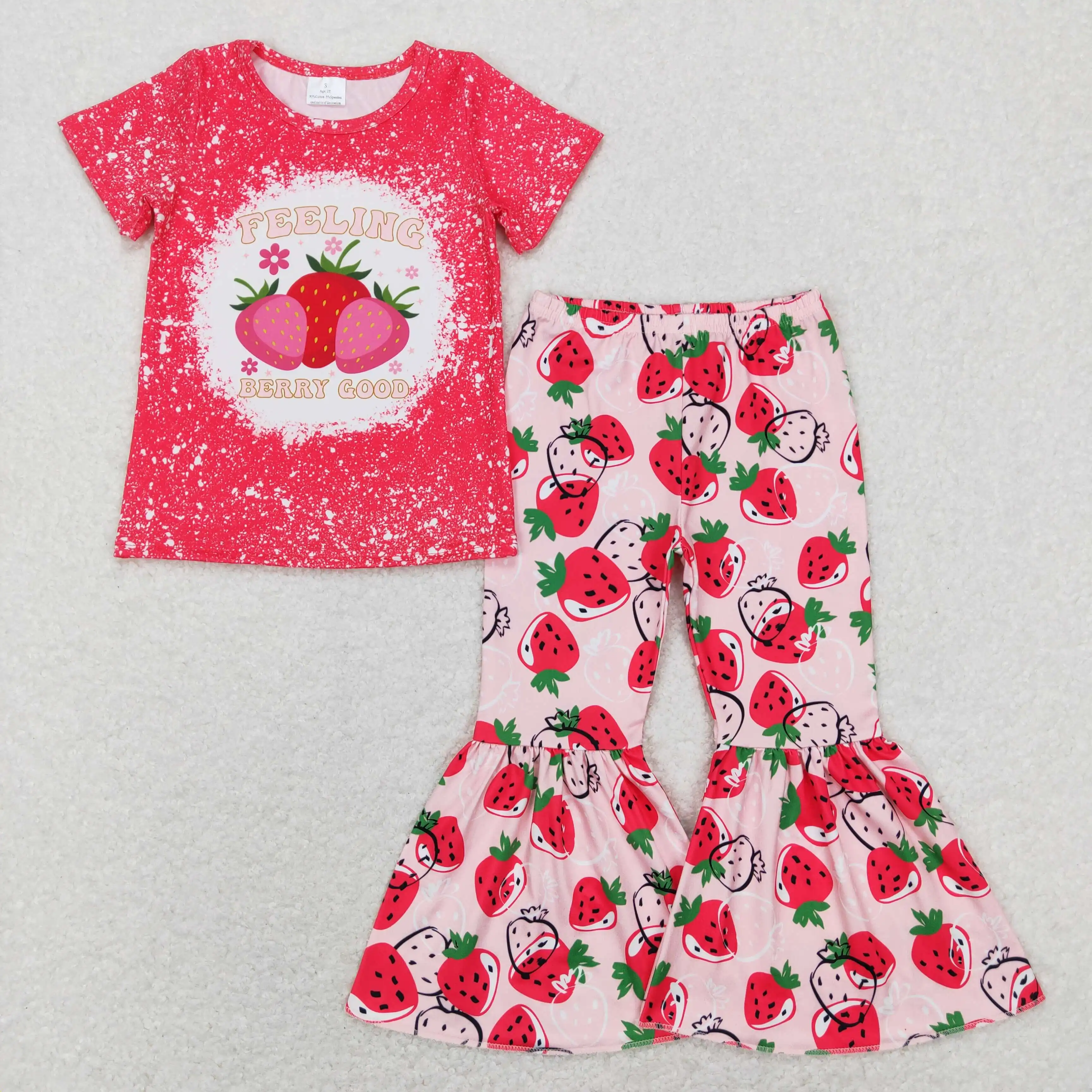 Baby Girls Strawberry red Sets boutique wholesale Clothing kids short sleeves top bell bottom pants Children Hot sale Outfits