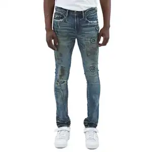 Aeedenim Custom Oem Logo Heren Gescheurde Knie Grungy Bevlekte Afwerking En Herstelde Gaten Distressed Stretch-Katoenen Denim Jeans