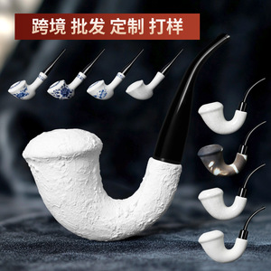 Ceramic Tobacco Pipe Bent Type Traditional Style With Blue Floral Design For Smoking - Product Image 2