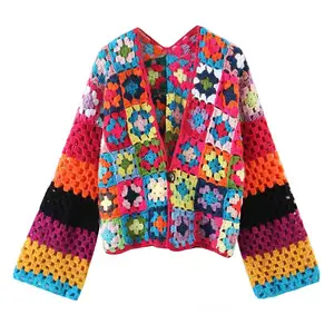 Personalizzato OEM ODM all'uncinetto donna all'uncinetto nonna Vintage quadrato scava fuori maglieria fatta a mano maniche lunghe Cardigan maglione