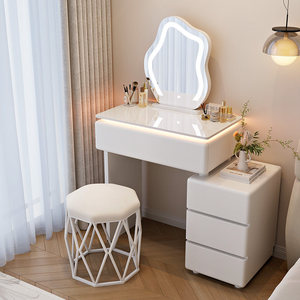 Minimalist Cloud Style Makeup Vanity Combo, LED Edge Lighting Sintered Stone <strong>Top</strong> Dressing <strong>Desk</strong> Round Frilly Mirror 3 Tier <strong>Drawer</strong> - Product Image 3