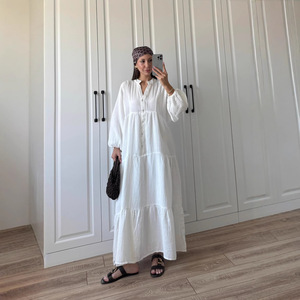 Nouvelle Robe Longue Décontractée à Manches Longues pour Femme, Style Artistique Boutonné, Couleur Unie, Coupe Ample, Tendance Européenne et Américaine, Collection 2026 - Product Image 1