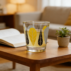 Tasse en verre transparente au design élégant de feuilles jaunes et grises, parfaite pour la maison et les cafés - Product Image 3