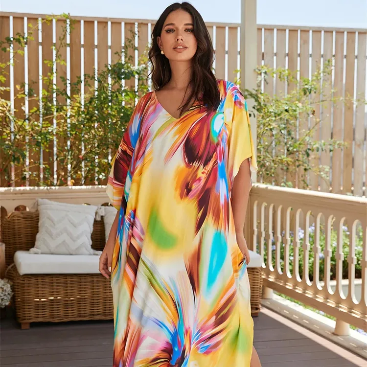 Pakaian wanita musim panas baru katun warna-warni dicetak penutup pantai longgar kasual leher V jubah liburan tabir surya Bikini penutup grosir