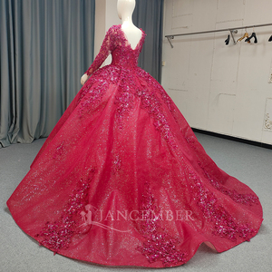 ANY212 Vestido de Noche de Gala con Lentejuelas, Manga Larga, Encaje, Bordado de Cuentas y Cristales, Diseño Floral, Cola de Capilla Natural para Fiesta - Product Image 3
