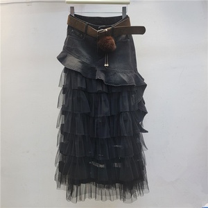 Z8835-Gonna Lunga Vintage in Denim con Volant e Patchwork Irregolare in Rete per Donne, Vita Alta, Linea A, a Strati - Product Image 4