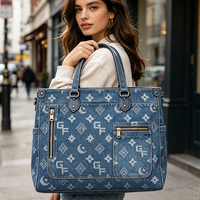 Sac fourre-tout indigo pour femme avec motifs imprimés, sac à main en jean multi-poches, style décontracté urbain, sac de voyage pour femme