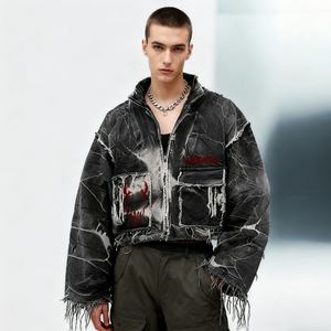 Fabricant de vestes, vente en gros de vestes en jean pour hommes personnalisées avec impression laser, fermetures éclair robustes et vestes vieillies - Product Image 4