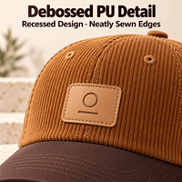 Casquettes en velours côtelé personnalisées avec sangle en plastique contrastante, tissu rayé et badge en cuir PU gaufré – Vente en gros