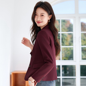 Women's Burgundy Blazer Short Style Solid Color Polyester Worsted No-Wrinkle Treatment Spring Autumn 2025 - Product Image 4