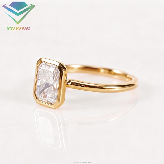 Customized 14K Solid Gold Bezel Setting 2CT Radiant Ice Crushed Cut Moissanite Solitaire Wedding Ring Fine Jewelry Women Rings