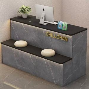 Modern White <b>Reception</b> <b>Desk</b> with Gold Trim and Seating for Salon or Retail Store - Product Image 4