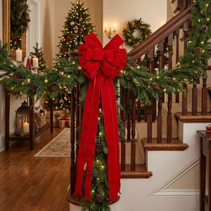Handmade Trendy Extra Large Flocked Christmas Tree Topper Bow 30x120cm <b>Red</b> Velvet <b>Ribbon</b> with Long Streamers for Wreath Garland - Product Image 3