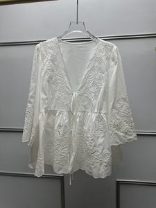 Women's Vintage French Style Solid 2-Piece <b>Set</b> White V-Neck Embroidered Hollow Top Shorts Breathable Loose Slim-Fit Luxury - Product Image 2