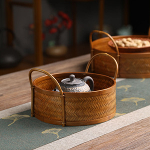 Handmade Bamboo Woven Fruit <b>Basket</b> Round <b>Tray</b> With Handle For Snacks Dried Fruits Residential Use Solid Pattern - Product Image 2