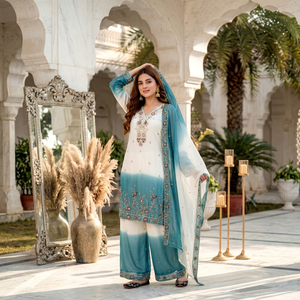 Conjunto de Kurta Teal Ombre Bordado para Mujer con Dupatta y Pantalones, Elegante Traje de Boda Pakistaní - Product Image 1