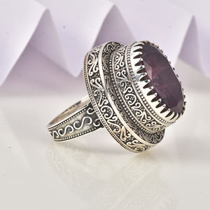 Natural Amethyst Oval <b>Ring</b> 925 Sterling Silver Vintage Style Handmade Gemstone <b>Statement</b> Jewelry Women Designer Cocktail <b>Ring</b> - Product Image 3