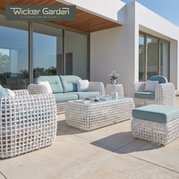 Ensemble de canapés de jardin contemporains en corde PE tressée avec table basse en verre, mobilier de salon d'extérieur pour villas et complexes hôteliers (vente en gros)