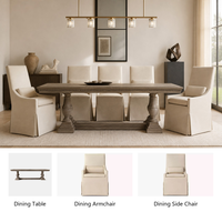 Ensemble de table à manger rectangulaire extensible en bois massif, avec corniches, consoles et détails dentelés sculptés à la main, style luxe minimaliste