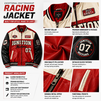 Blouson aviateur en cuir personnalisé pour homme, color block rouge avec patchwork noir, broderie frontale, OEM, marque privée, MOQ 30