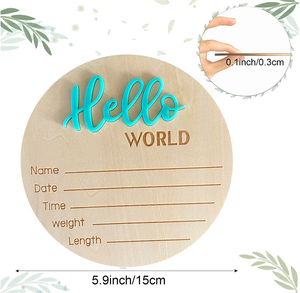 Placa Redonda Moderna 3D Tallada con Láser en <span class=keywords><strong>Madera</strong></span>, Placa <span class=keywords><strong>de</strong></span> Nacimiento con la Frase 'Hello World' <span class=keywords><strong>para</strong></span> la Habitación del Bebé y Letrero <span class=keywords><strong>de</strong></span> Anuncio <span class=keywords><strong>de</strong></span> Nacimiento - Product Image 5