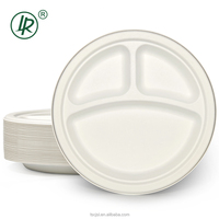 Assiette compostable blanche à 3 compartiments de 9 pouces Assiettes jetables à usage unique Vaisselle en bagasse biodégradable pour le camping