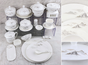 Juego de vajilla de lujo de porcelana fina 45% de alto contenido de calcio con diseño de montaña al estilo de la pintura china, con borde dorado a mano, para hotel, banquete, boda - Product Image 2