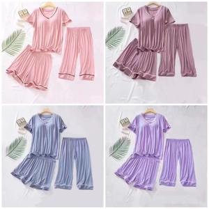 Women's Summer Thin Simple V-Neck <strong>Cropped</strong> Shorts <strong>Pyjamas</strong> with Breast Pad Three-Piece Home Wear for Spring Knitted Fabric - Product Image 6