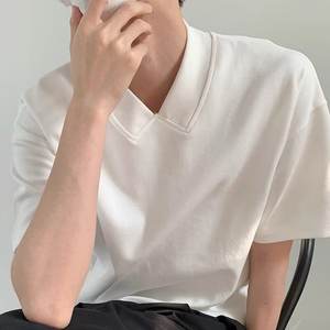 Summer V-Neck Minimalist Versatile Short T-<b>Shirt</b> Men's Half Sleeve Top Solid Color Tee <b>Shirt</b> Korean Version Loose Trendy Export - Product Image 1