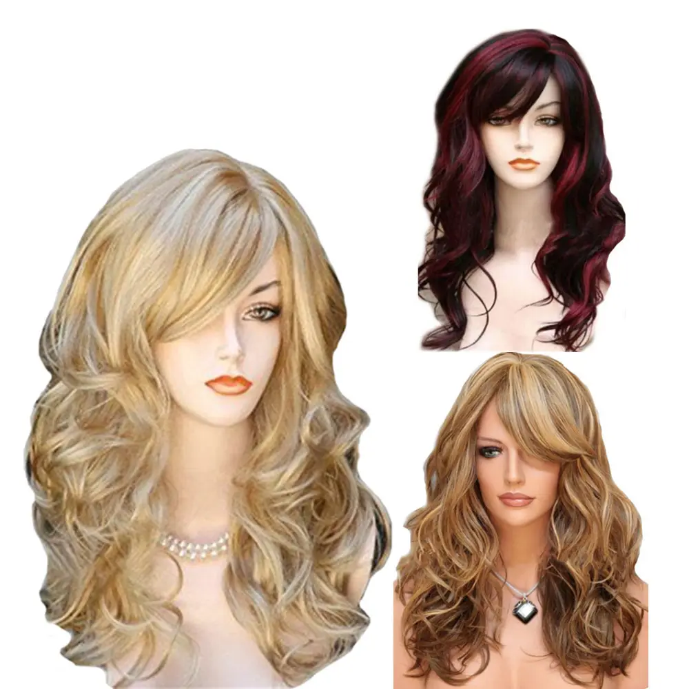 गर्म बिक्री 3 रंग सेक्सी मिक्स गोरा लंबे सिंथेटिक wigs लहराती महिलाओं गर्मी प्रतिरोधी Cosplay बालों का पूर्ण विग प्राकृतिक सस्ते महिला महिला