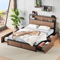 Lit de rangement moderne Queen Size avec tête de lit en bois de chêne, 4 tiroirs de rangement, port de charge USB, structure en acier robuste, design plateforme, facile à monter