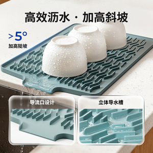 แผ่นรองซิลิโคนสำหรับระบายน้ำ รูปทรงสี่เหลี่ยมผืนผ้า ลายเรขาคณิต ดีไซน์ลาดเอียงสูง สำหรับวางบนเคาน์เตอร์ครัว ช่วยระบายน้ำได้ดี - Product Image 1