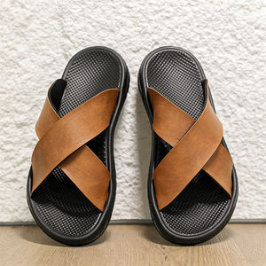 2026 Factory Wholesale Light Weight Casual Slides Slippers High Quality Summer Men's <b>Shoes</b> Outdoor beach <b>soft</b> leather sandals - Product Image 4