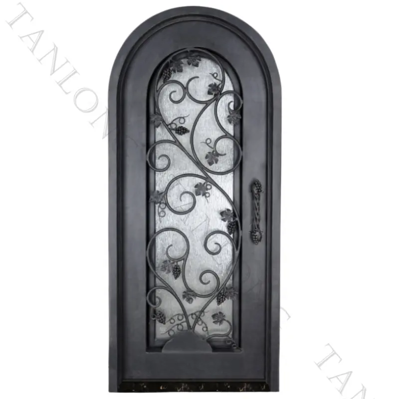 Puertas corredizas de seguridad de diseño de puerta de hierro forjado Tanlong puertas de entrada negras de metal de vidrio