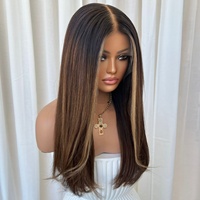 Perruque Lace Front Brun Foncé avec Mèches, Cheveux Humains Longs et Lisses, Raie au Milieu, Ligne de Cheveux Naturelle, Bonnet Sans Colle, Texture Douce, Style Salon