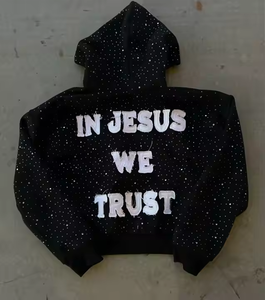 <strong>Custom</strong> Rhinestones Baggy Zip up Hoodies Men Streetwear High Quality Distressed Embroidery Fleece Cotton Oversized Sweatshirts - Product Image 2