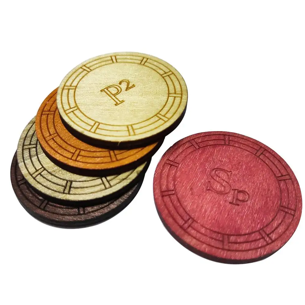 Moeda de token de jogo de madeira personalizada, barata, alta qualidade, com pintura, cor e laser, artesanato de madeira