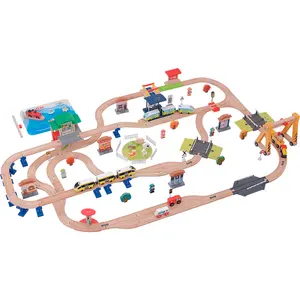 Wooden children assembled building blocks toys electric train transport port hanging scene boys 3-8 years old