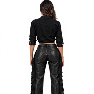 Pantalon en cuir véritable de qualité supérieure avec franges, style western - Product Image 4