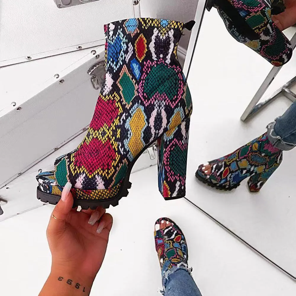 XZ-005 2019 패션 뱀 & 레오파드 오픈 발가락 발목 부츠 하이 스퀘어 힐 부츠 도매 여성 신발