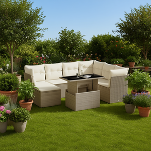 Set Divano da Giardino Beige con Struttura in Rattan PE, Cuscini in Schiuma ad Alta Densità, Design Contemporaneo, Impermeabile per Uso Esterno - Product Image 2