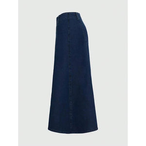 Jupe longue en jean grande taille bleu indigo en coton couleur unie micro-élastique pour femme style Europe Amérique - Product Image 4