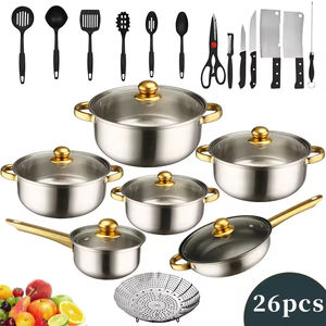Ensemble de casseroles modernes en acier inoxydable avec poignées plaquées or, antiadhésives, 26 pièces, exportables à l'étranger, avec finition colorée - Product Image 4