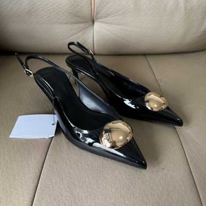 Nouvelle Arrivée Sandales à Talon Chaton pour Femme en Cuir Verni Noir à Bout Pointu, Ornées d'une Boucle Ovale, Modèle Mule Sans Talon - Product Image 3