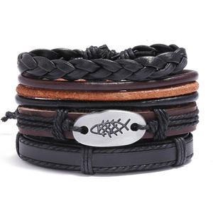Nieuwe meerlaagse brede zwarte leren armbandensets voor heren groothandel 3-4 stuks vintage herenaccessoires anker blad uil armband - Product Image 6