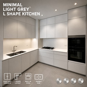 Cuisine Joysource en forme de L gris clair, style Shaker, avec comptoir blanc, <span class=keywords><strong>four</strong></span> encastré, <span class=keywords><strong>plaque</strong></span> de cuisson à gaz <span class=keywords><strong>et</strong></span> double évier - Product Image 1